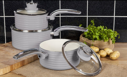 Swan SWPS3020GRN Retro Induction Saucepan Set With Glass Lids, Non Stick Ceramic Coating, Easy to Clean, Grey, 3 Piece, 16/18/20 cm