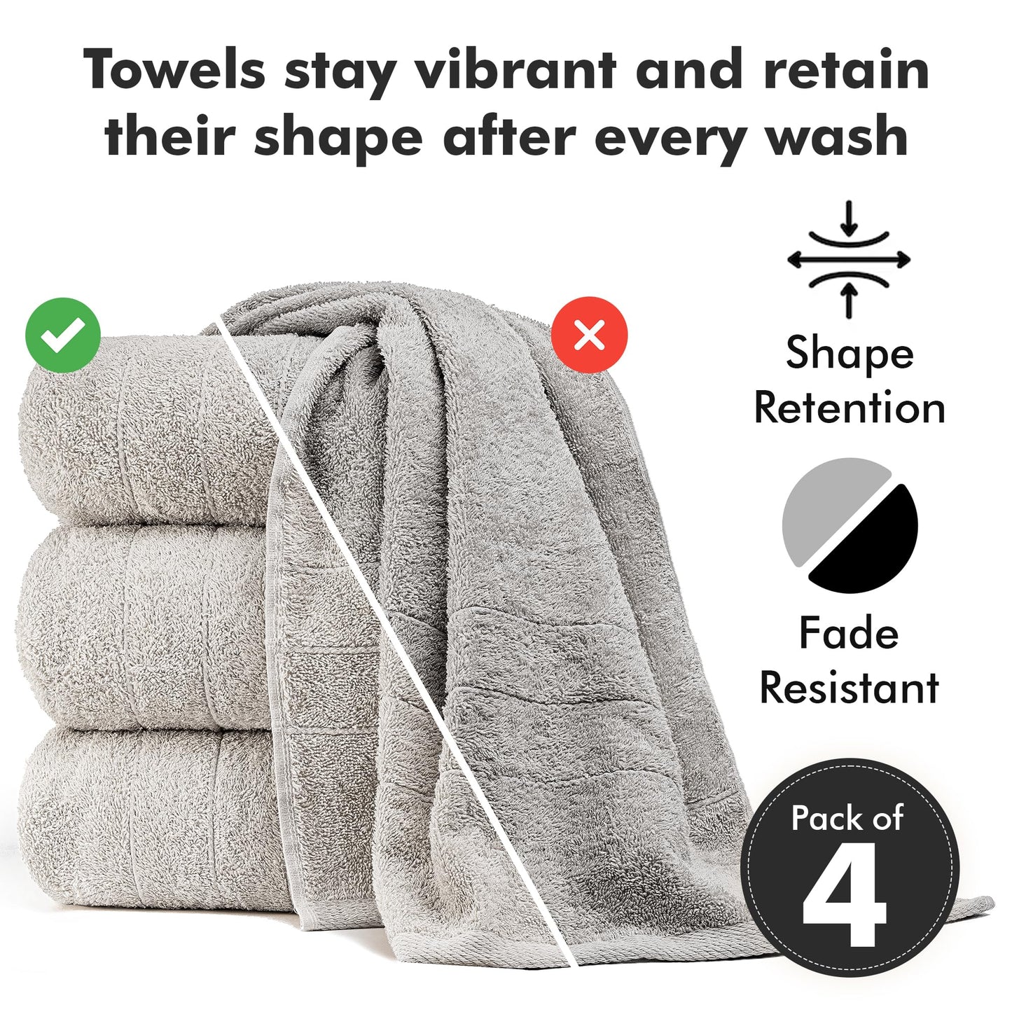 Novo Home Bath Towels Set of 4 – 550 GSM 100% Cotton Light Grey Extra Large Towels for Bathroom, Spa Use (70x140 cm)