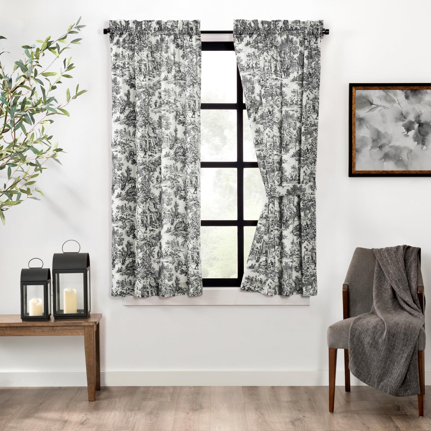Ellis Curtain Victoria Park Toile 68-Inch-by-72 Inch Tailored Panel Pair with Tiebacks, Black