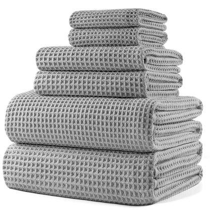 POLYTE Microfibre Oversize, 76 x 152 cm, Quick Dry Lint Free Bath Towel Set, 6 Piece (Light Grey, Waffle Weave)