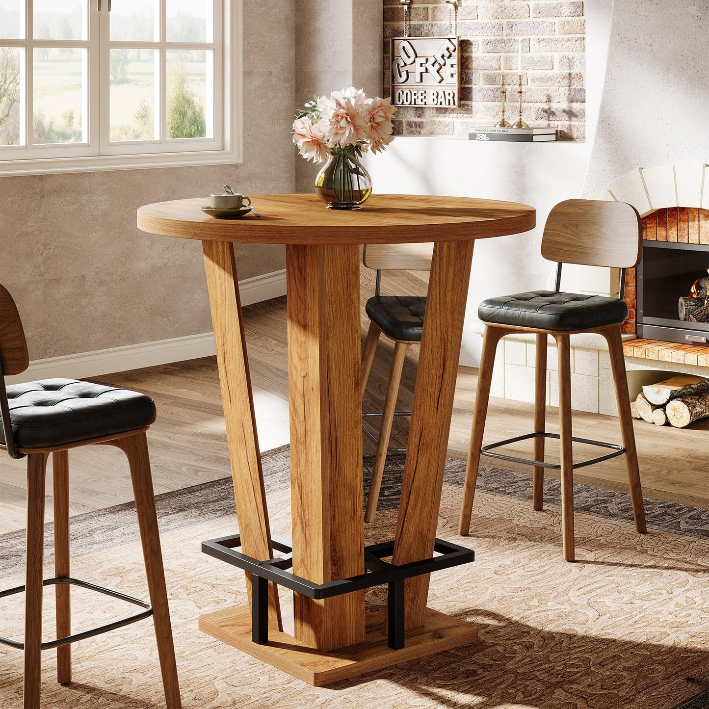 Tribesigns Round Bar Table, 39.4" H High Top Cocktail Bistro Pub Table with Metal Footrest for Living Room, Small Space, Brown