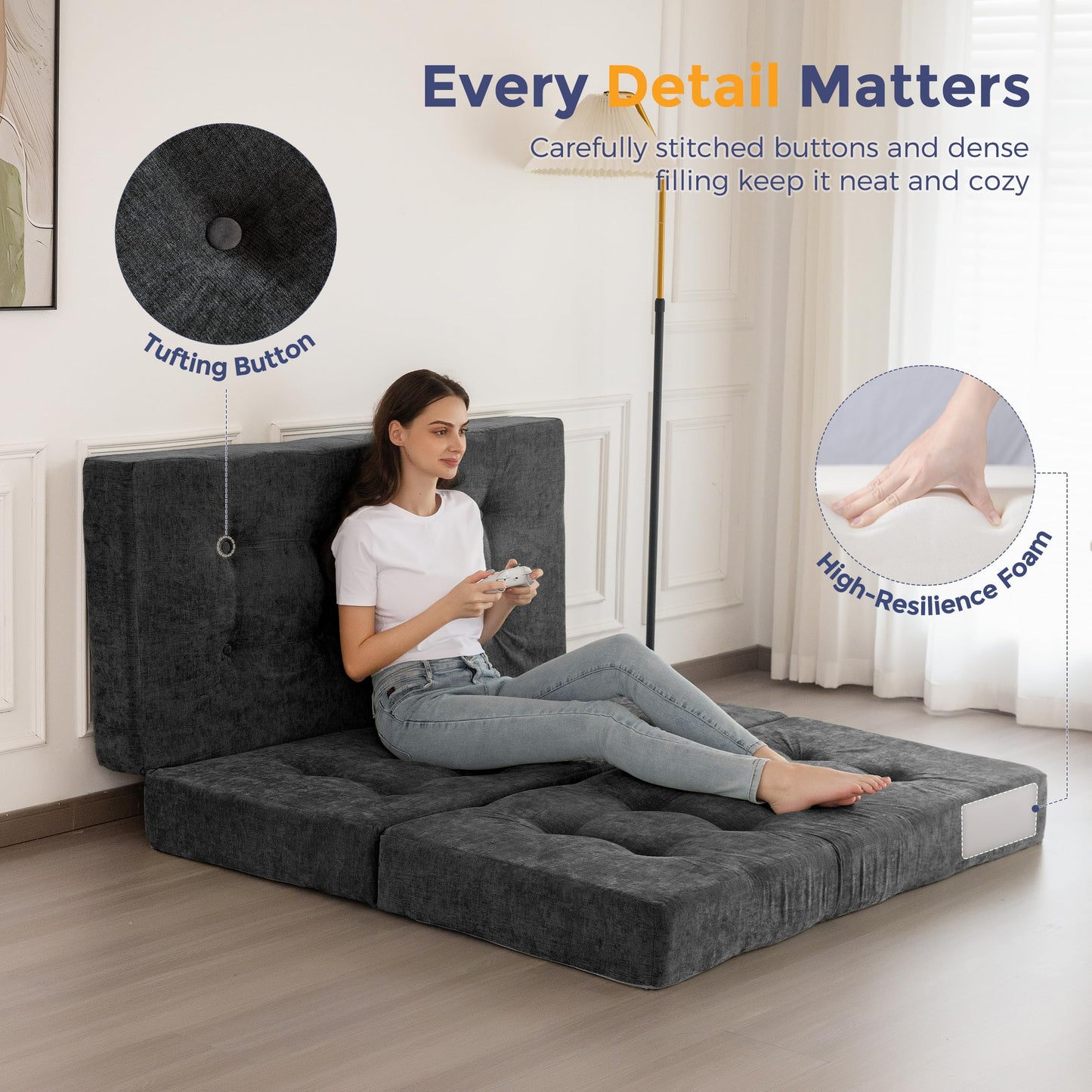 MAXYOYO Folding Mattress Chenille Fabric 15cm, Sofa Bed for Guest