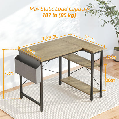 BEXEVUE L Shaped Corner Desk - 100x70 cm Study Office Gaming Desk, Computer Desk Small Writing Table, Large Reversible Storage Shelves, Bookshelf