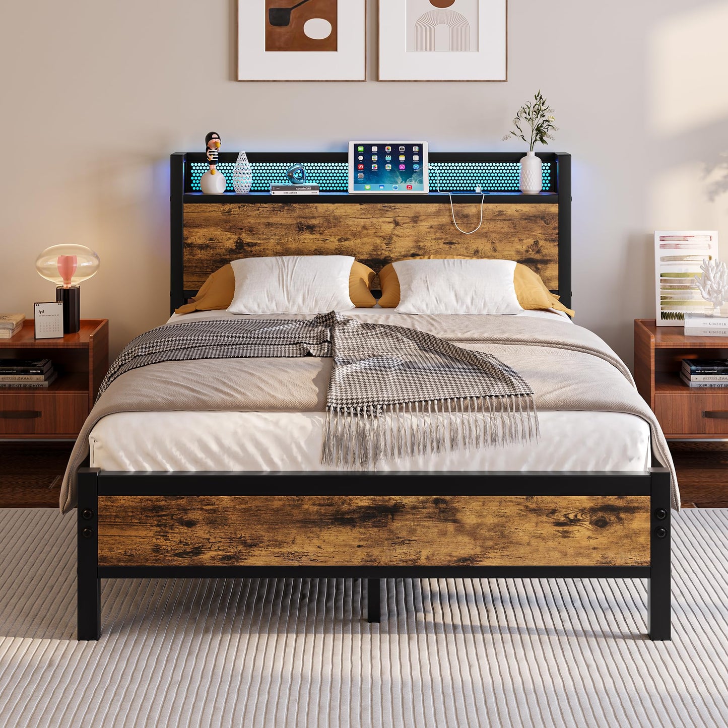 Diahomy 4ft6 Double Bed Frame with LED Lights&Charging Station,Brown