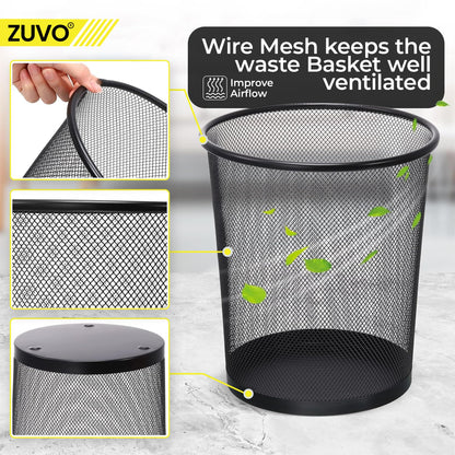 Zuvo Metal Mesh Waste Paper Bin, Small Bedroom & Office Bin, Black