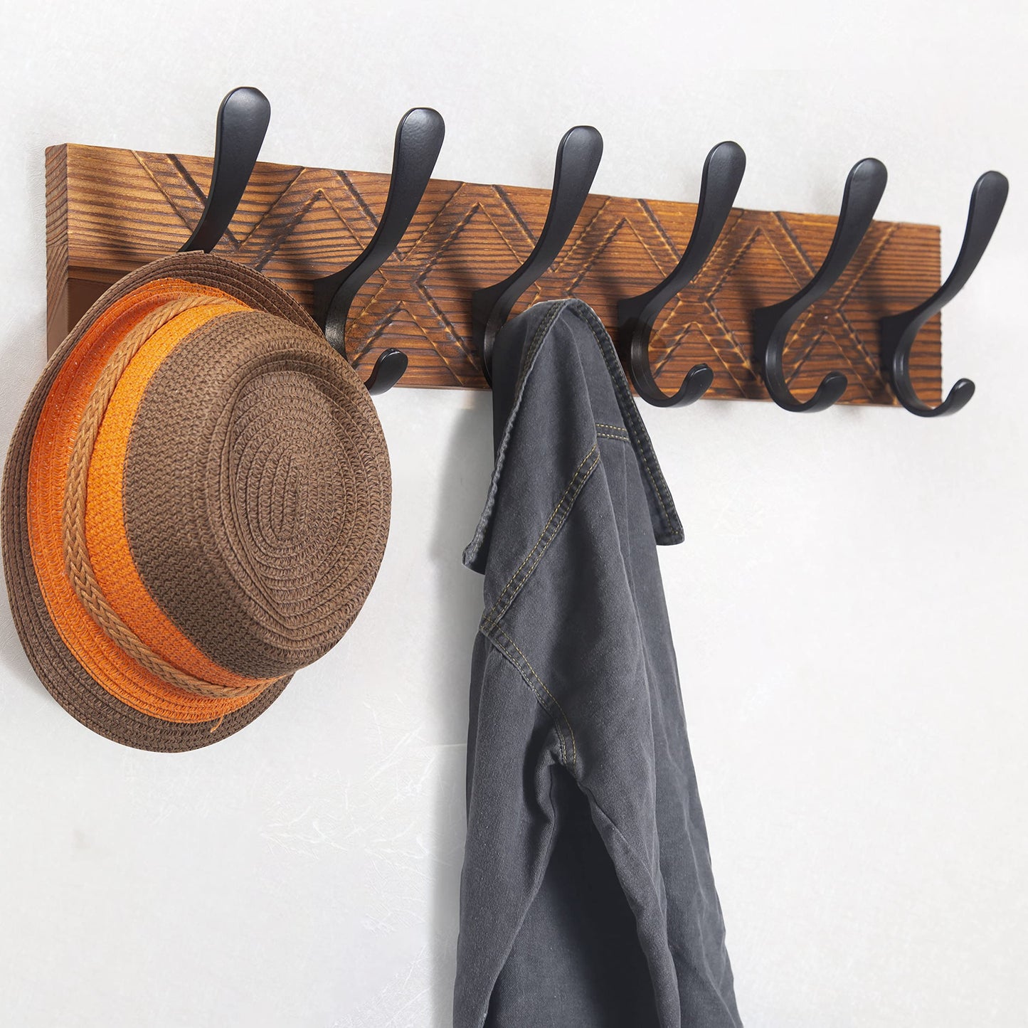 SKOLOO Coat Rack Wall Mount - Antique Wooden Carved- X Cross Coat Hook, Wall Coat Hanger with 6 Hooks for Hanging Coats, Hats, Clothing, Scarfs