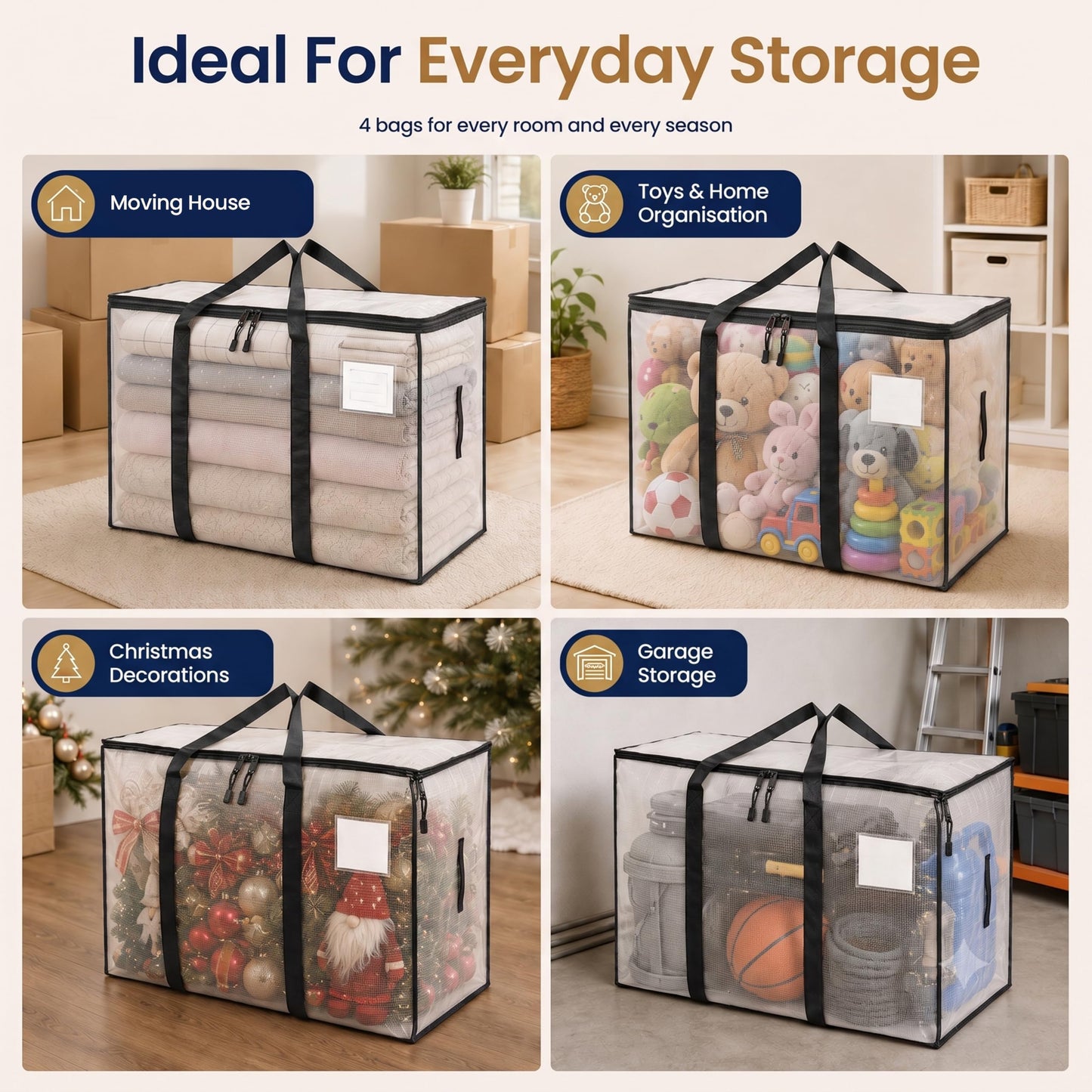 Barngate Extra Large Moving & Storage Bags 4 Pack (90L Each) Heavy Duty