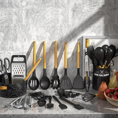 Kitchen Utensils Set - 34PCS Silicone Cooking Utensils with Holder, Heat Resistant, Nonstick Cookware Tongs Spatula Spoon Set, Wooden Handles Kitchen