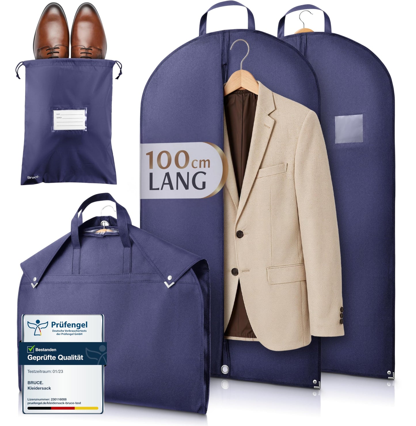 Bruce.® 2x Garment Bags 100x60 cm + Shoe Bag – Navy Blue