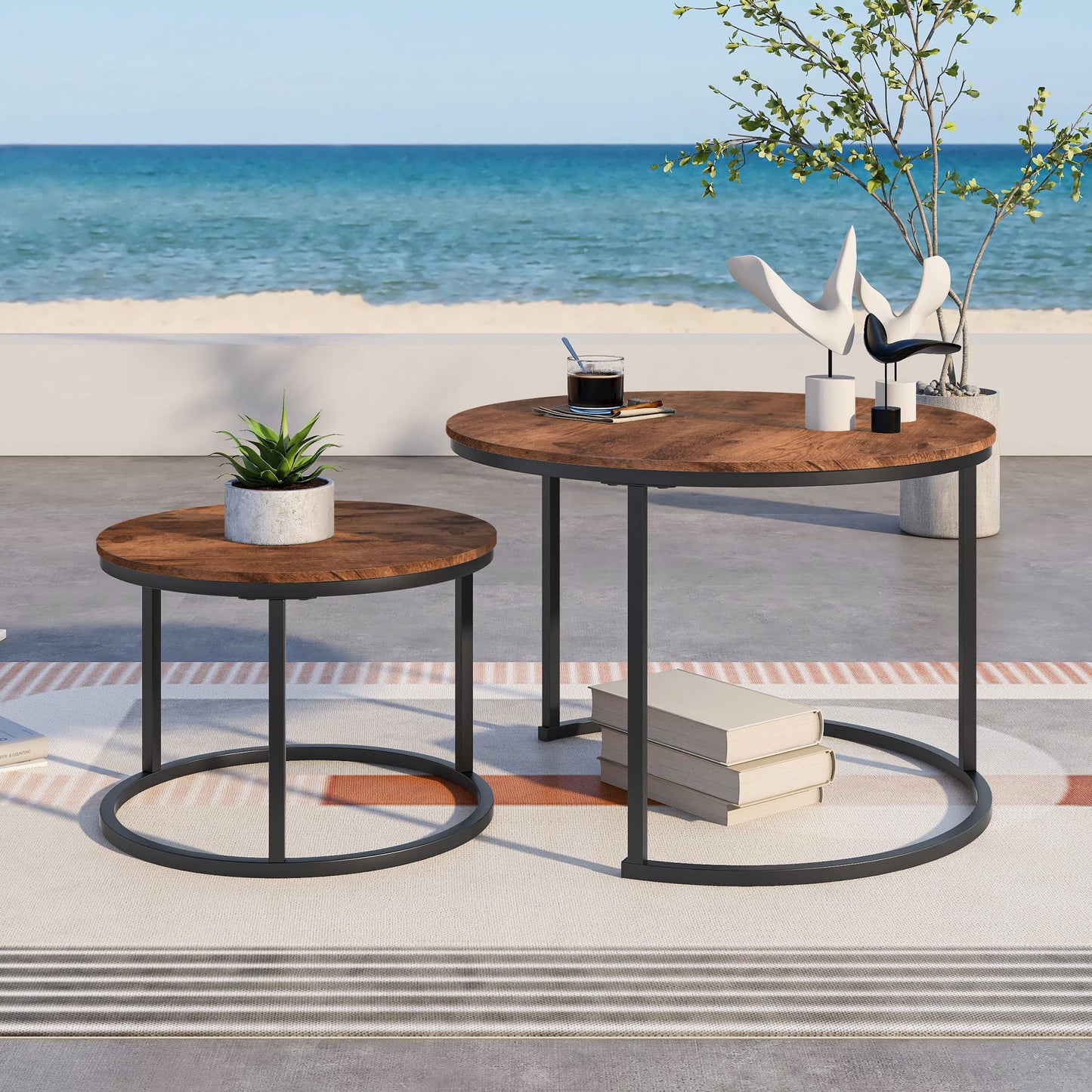 BORPHOM Round Coffee Table Set of 2 Stacking Side Tables with Metal Legs,Small Coffee Table for Living Room/Bedroom/Small Space,Nesting Tables,Easy