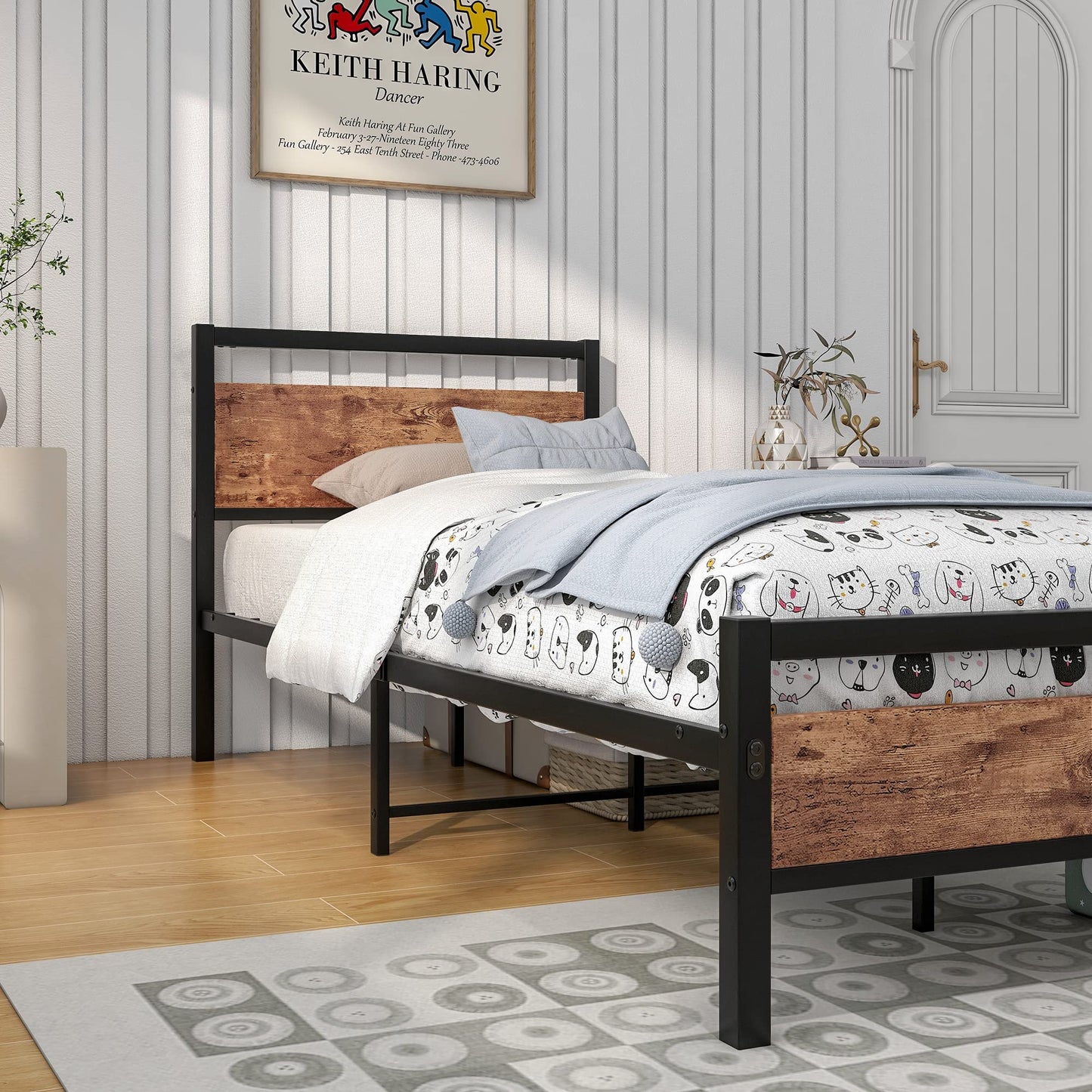 HOJINLINERO Metal Single Bed Frames with Wood Headboard,Industrial Bed Frame Single for Adult,Heavy Duty Platfrom Metal Slats Support,Easy