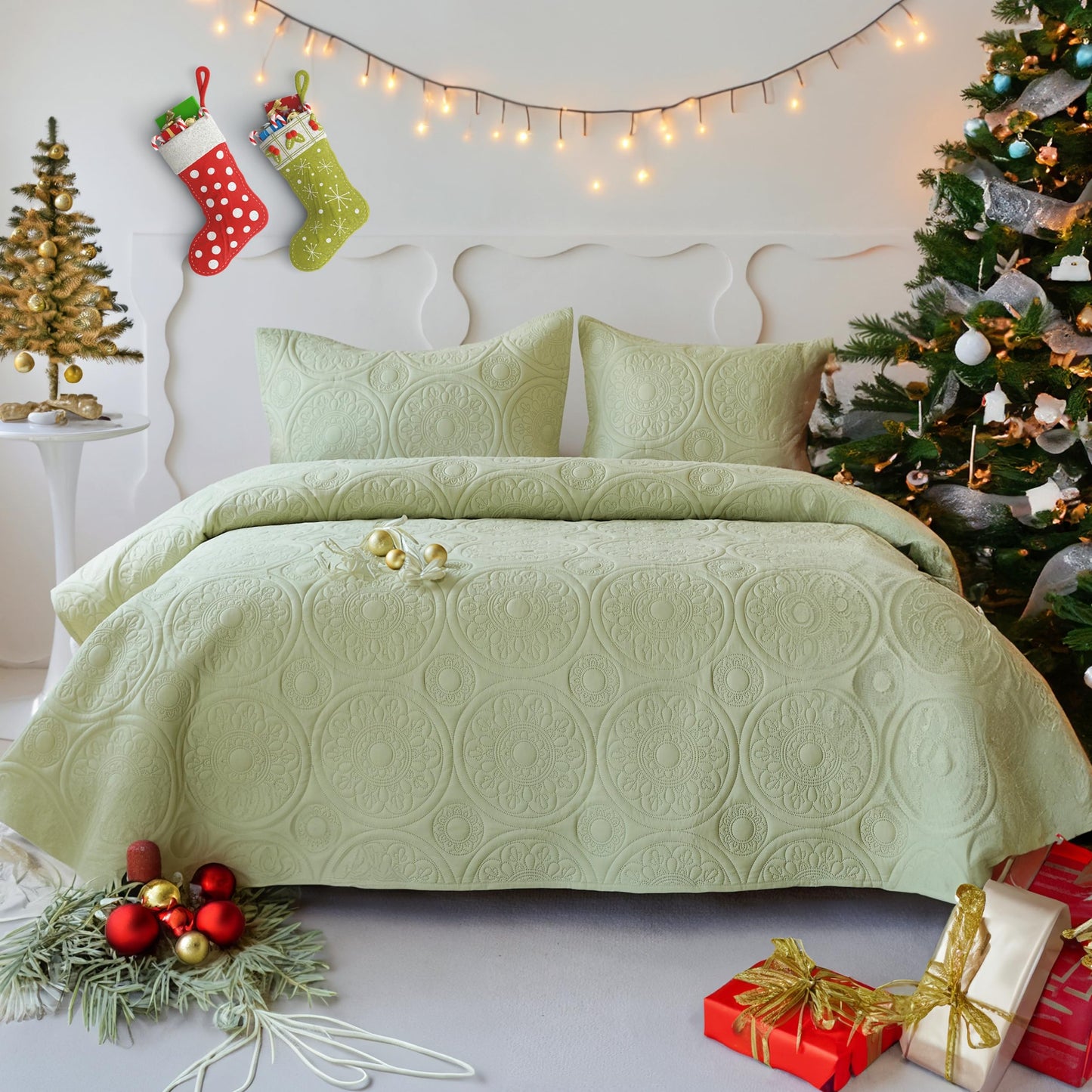 Simple&Opulence Quilted Bedspreads King Size-3 Pcs Soft Reversible Microfiber Bed Spread Coverlet,Floral Embossed Bed Throw Set with 2 Pillowcases for