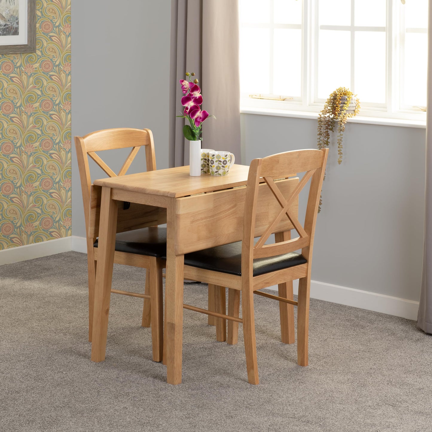 Seconique Mason Double Drop Leaf Dining Set with 2 Dining Chairs in Oak Varnish/Brown Pu