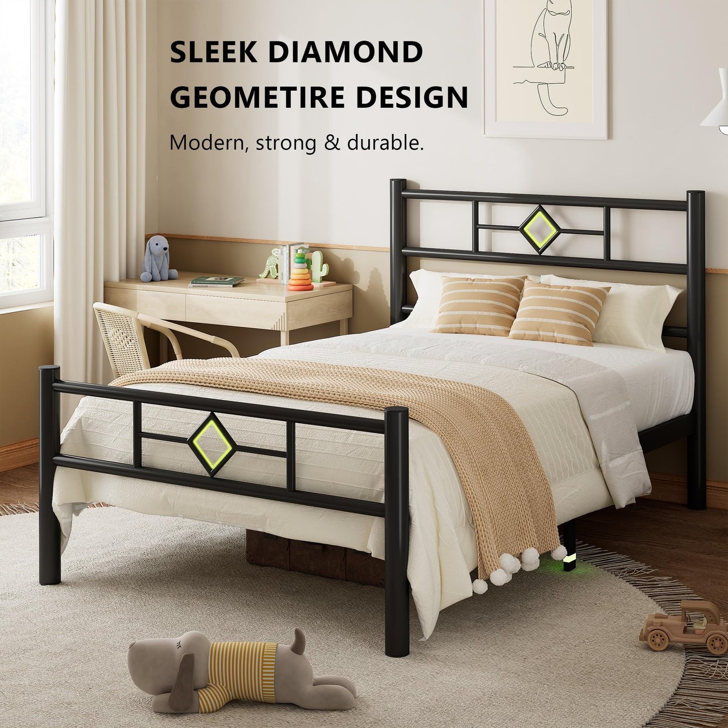 Feonase Single Bed Frame with Headboard and Footboard, Metal Platform Bed Frame Single with Underbed Storage, Solid Metal Slats Support