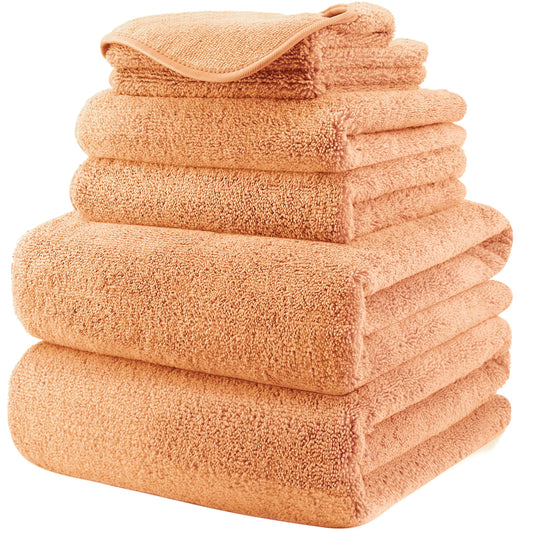 POLYTE Plush Quick Dry Lint Free Microfibre Bath Towel Set, 6 Pieces (Orange)
