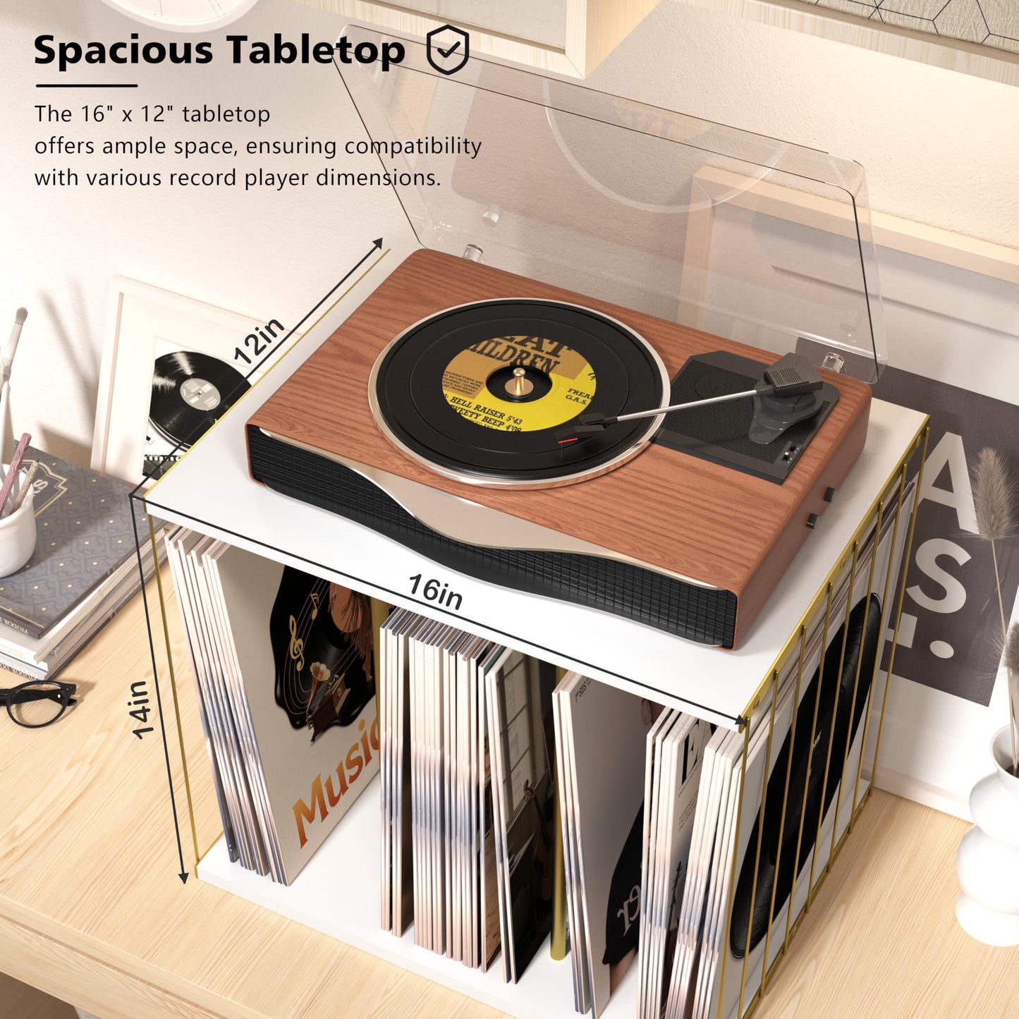Emfogoo Vinyl Record Storage, Metal & Wooden Vinyl Record Holder Up to 80 LP Albums, 3-Compartment Record Player Stand for Magazine, Book, Files