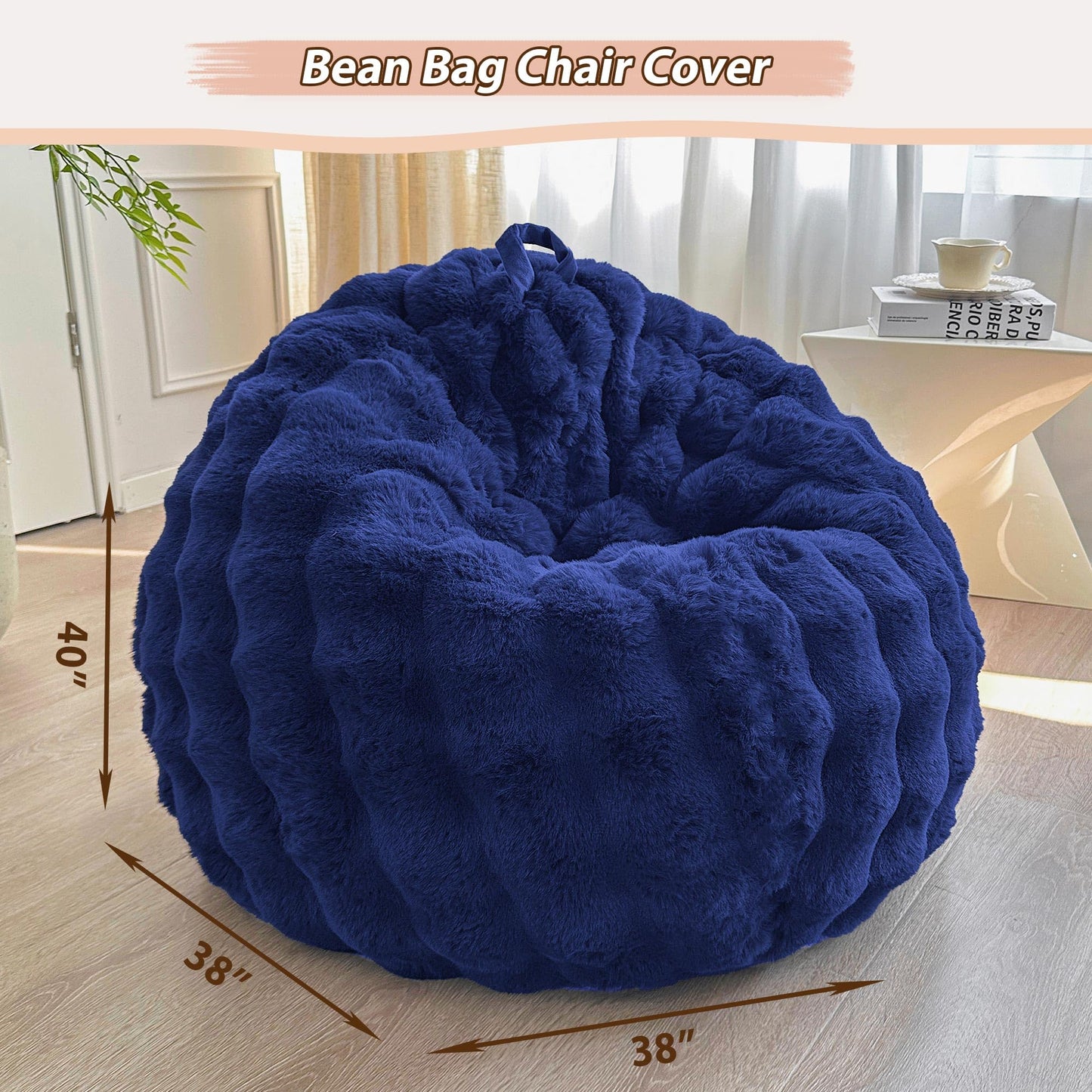 LIFEREVO 3FT Fluffy Faux Rabbit Fur Bean Bag Cover, No Filler, Navy Blue