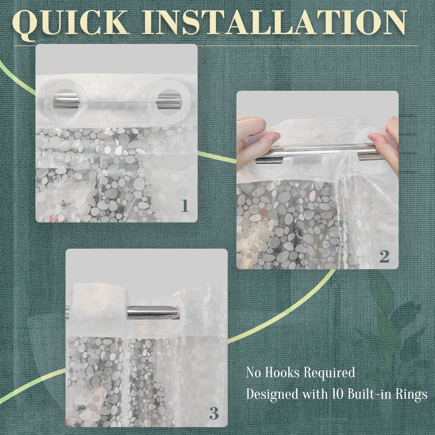 ABLUEN No Hook Shower Curtain or Liner - 8G Heavy Duty Cobblestone Bathroom Shower Curtain No Hooks Required, Waterproof Plastic & PVC Free
