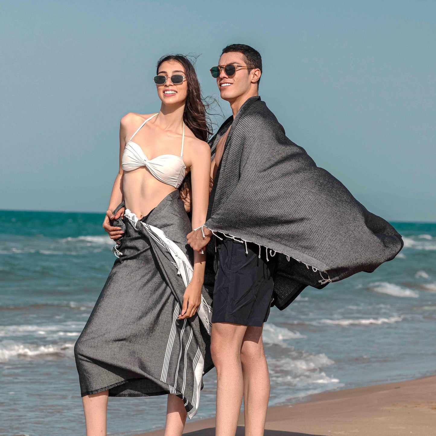 NOUR Premium 100% Cotton Turkish beach towel, Pack of 2, 100 x 200 cm, Picnic Blanket, Sauna & Hammam Towels, Extra Light, Absorbent, Quick-Drying