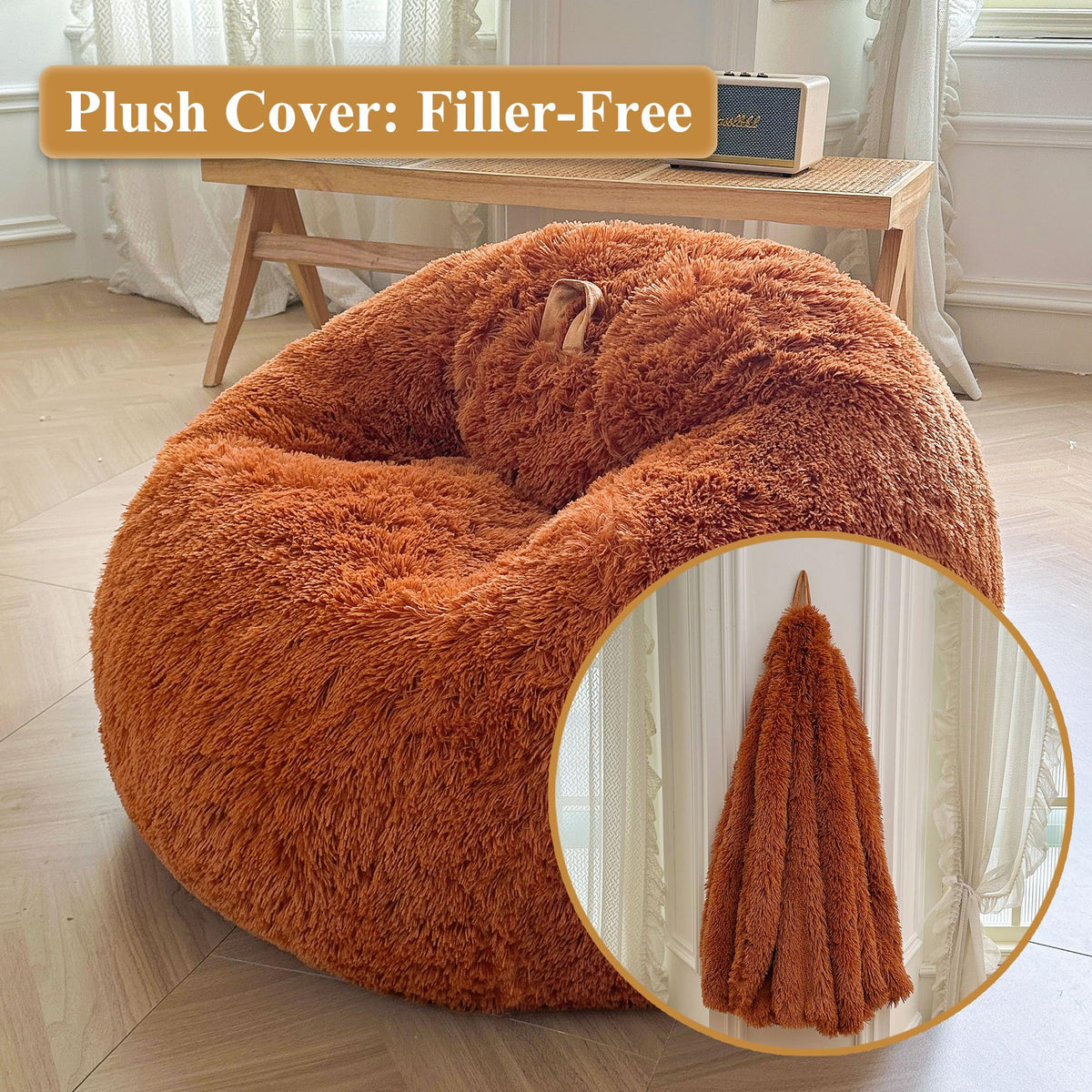 XeGe Cozy Fluffy Faux Fur Bean Bag Chair CoverNo Filler, Burnt Orange