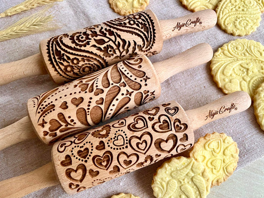 LOVELY DAY 3 KID Rolling Pin SET with HEART, PAISLEY and SPRING patterns. Wooden Laser Cut Mini embossing Rolling Pins for cookies, play dough, salt