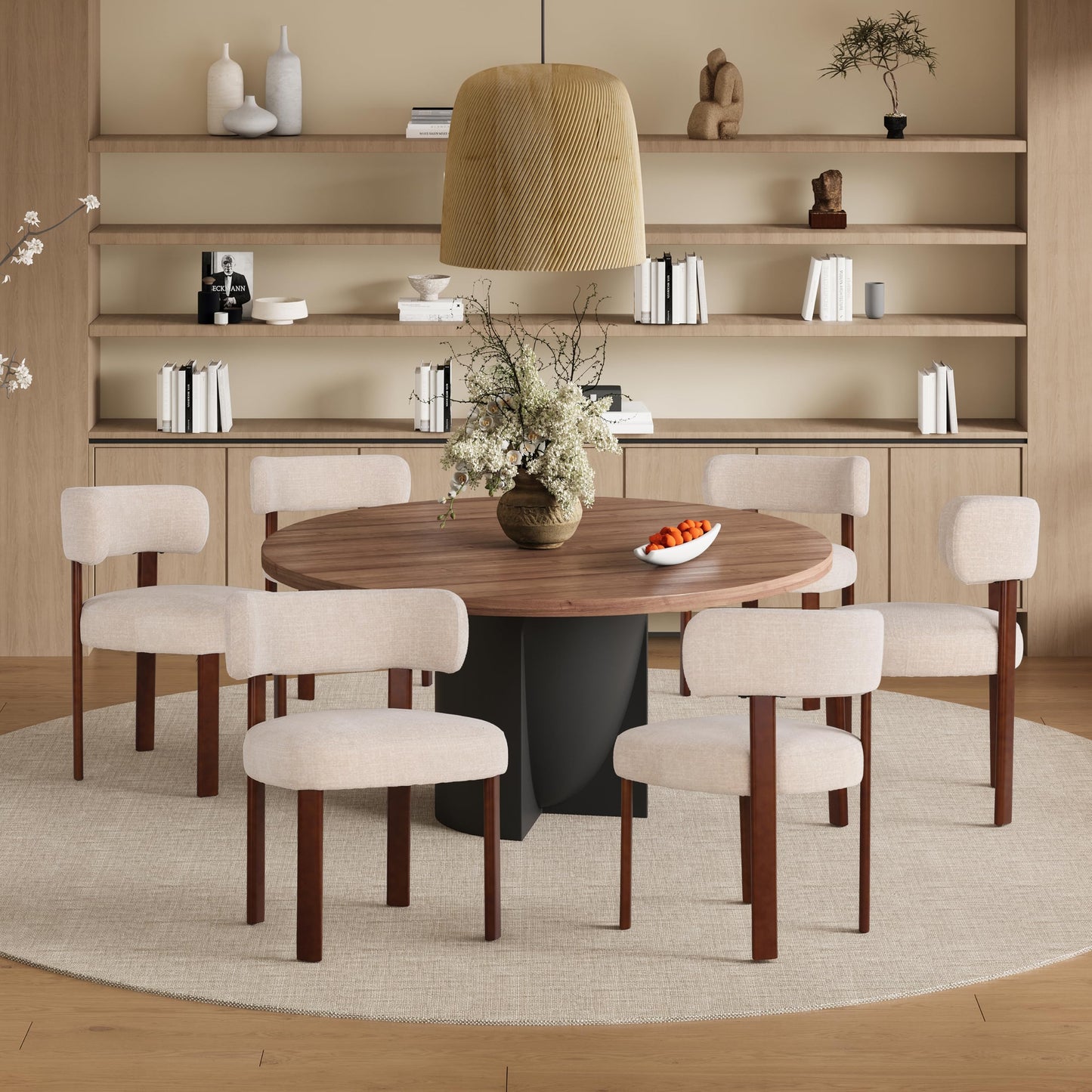 COLAMY Wooden Dining Chairs Set of 6, Fabric Chairs for Dining Room with Open Curved Backrest and Thick Seat Cushion