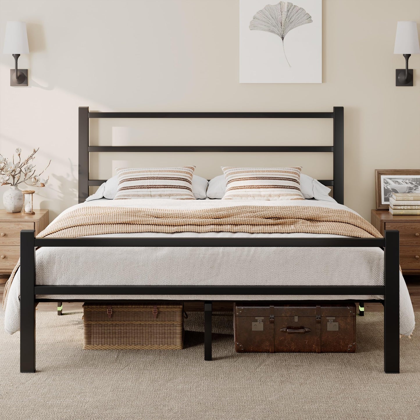 Feonase 5Ft Metal Double Bed Frame With Stylish Headboard And Footboard,Bed Frame Double Bed,Easy Assembly, Ample Under-bed Storage Space,Black