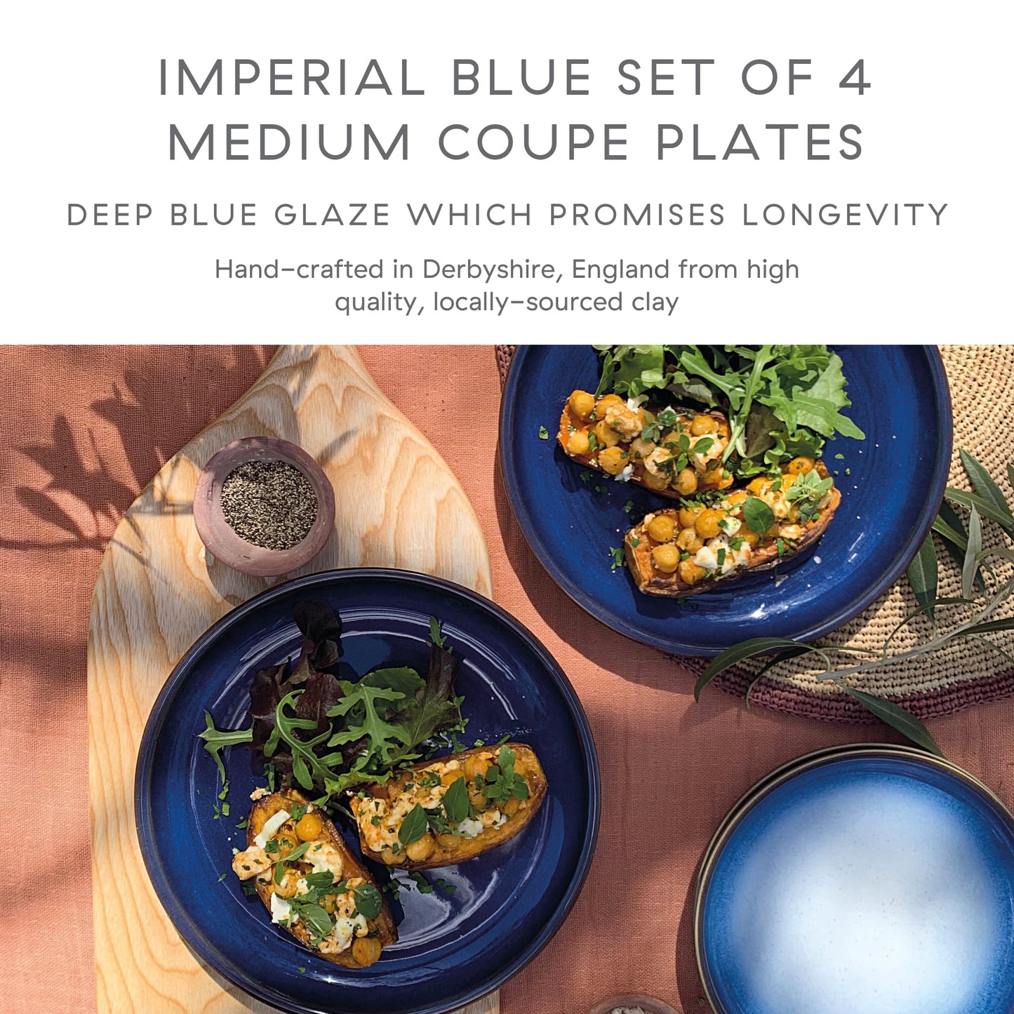 Denby - Imperial Blue Medium Plates Set of 4 - Dishwasher Microwave Safe Crockery 21cm - Royal Blue Coupe Ceramic Stoneware Tableware - Chip & Crack