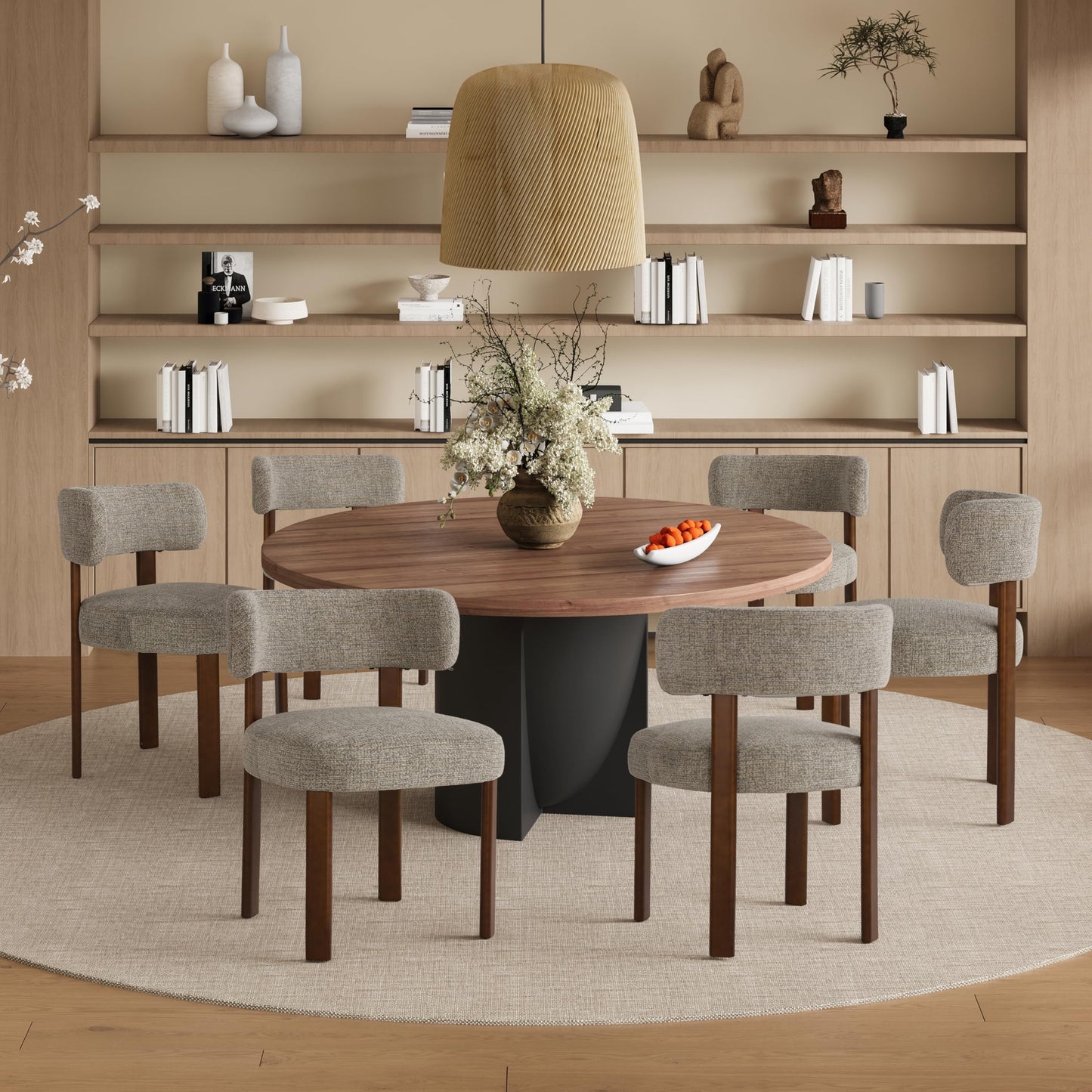 COLAMY Wooden Dining Chairs Set of 6, Fabric Chairs for Dining Room with Open Curved Backrest and Thick Seat Cushion