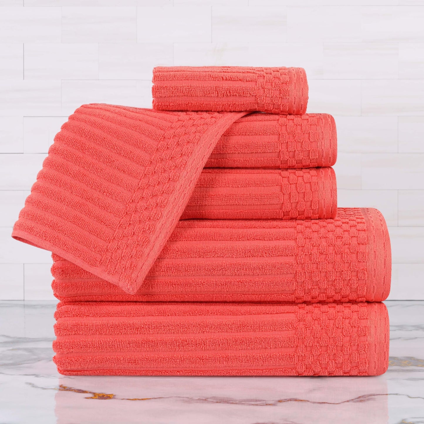 Superior Cotton 6-Piece Solid and Ribbed Towel Set, Face Towels 13” x 13”, Hand Towels 16” x 28”, Bath Towels 27” x 54”, Coral