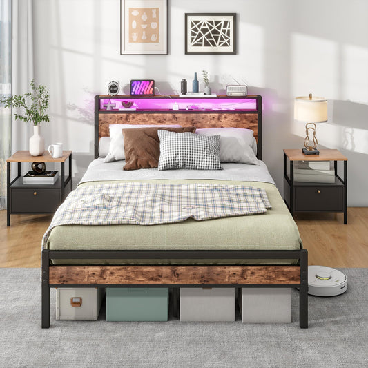 BORPHOM Double Bed Frame with Storage Wood Headboard Shelf,LED Lights,4ft6 Heavy Duty Metal Platform Wooden Bed Frame Double Bed with Charging