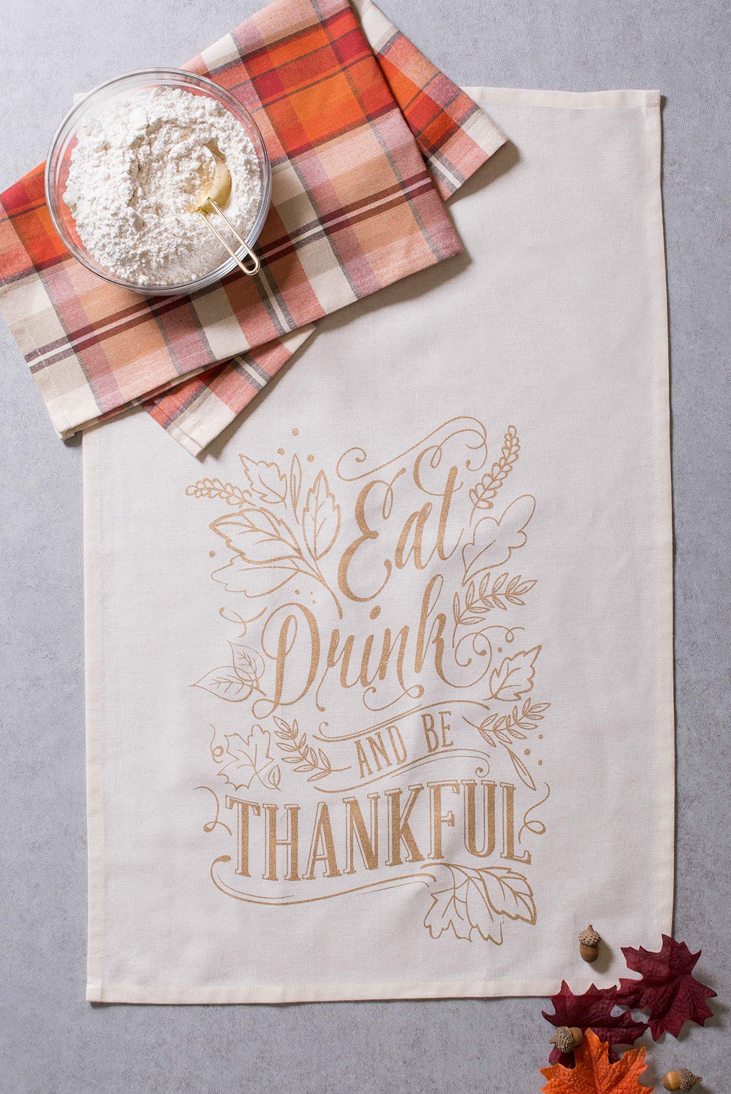 DII Printed Fall Dish Towel Set, Cotton, Be Thankful Plaid, 18x28