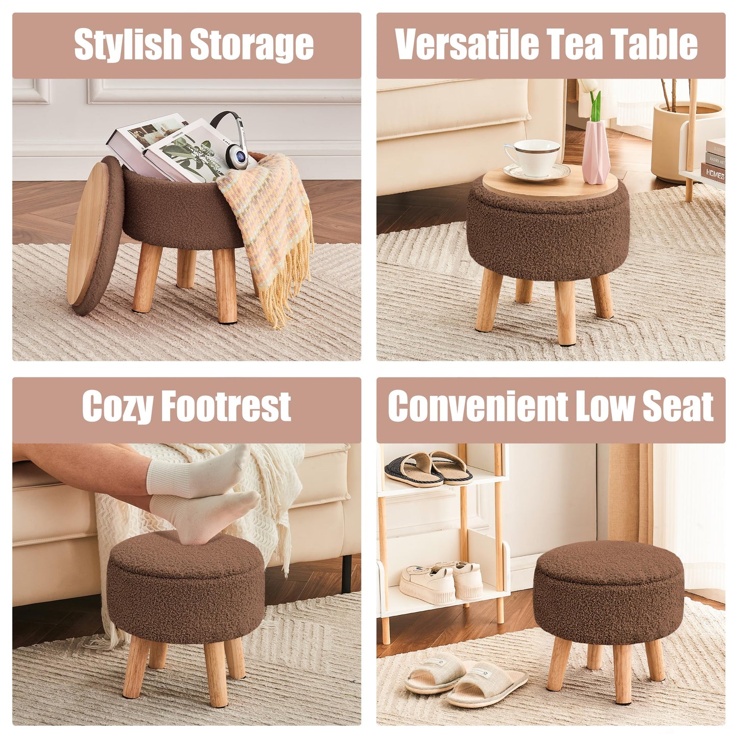 BRIAN & DANY Footstool with Storage, Small Storage Ottoman, Teddy Fleece Round Stool with Lid, Sherpa Foot Stool with Legs for Living Room Entryway