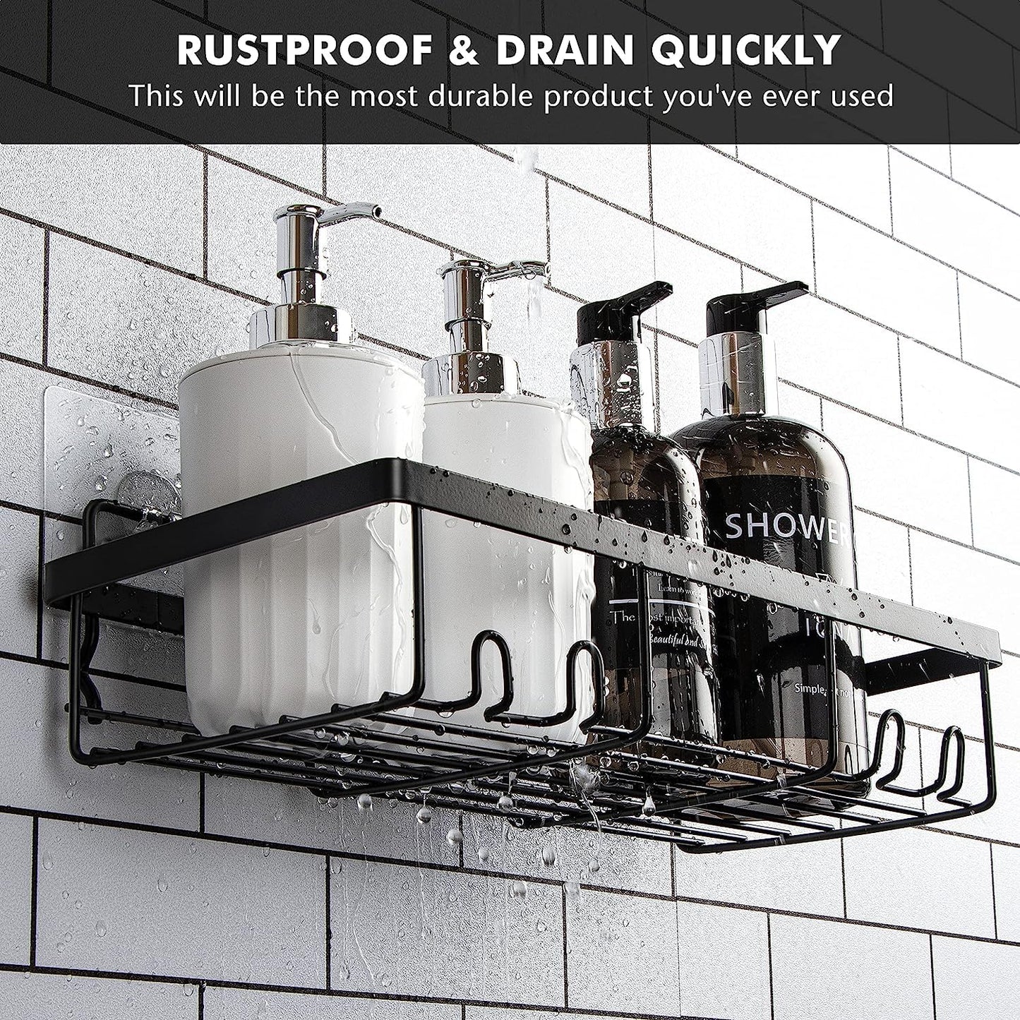 UZIMOO Shower Caddy Black - Bathroom Shelves Organiser No Drilling Adhesive Bathroom Shelf Wall Mounted