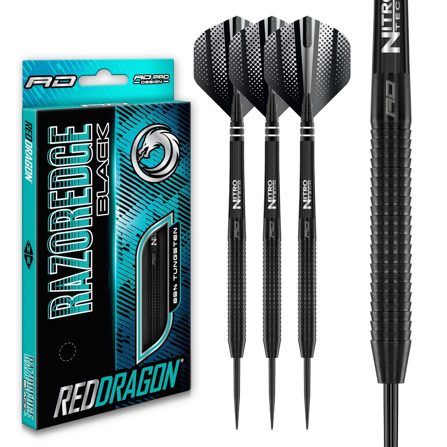 RED DRAGON Razor Edge Black 22g - Tungsten professional steel tip darts set with Dart Flights and Dart Shafts (stems)