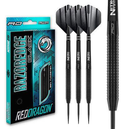 RED DRAGON Razor Edge Black 26g - Tungsten professional steel tip darts set with Dart Flights and Dart Shafts (stems)