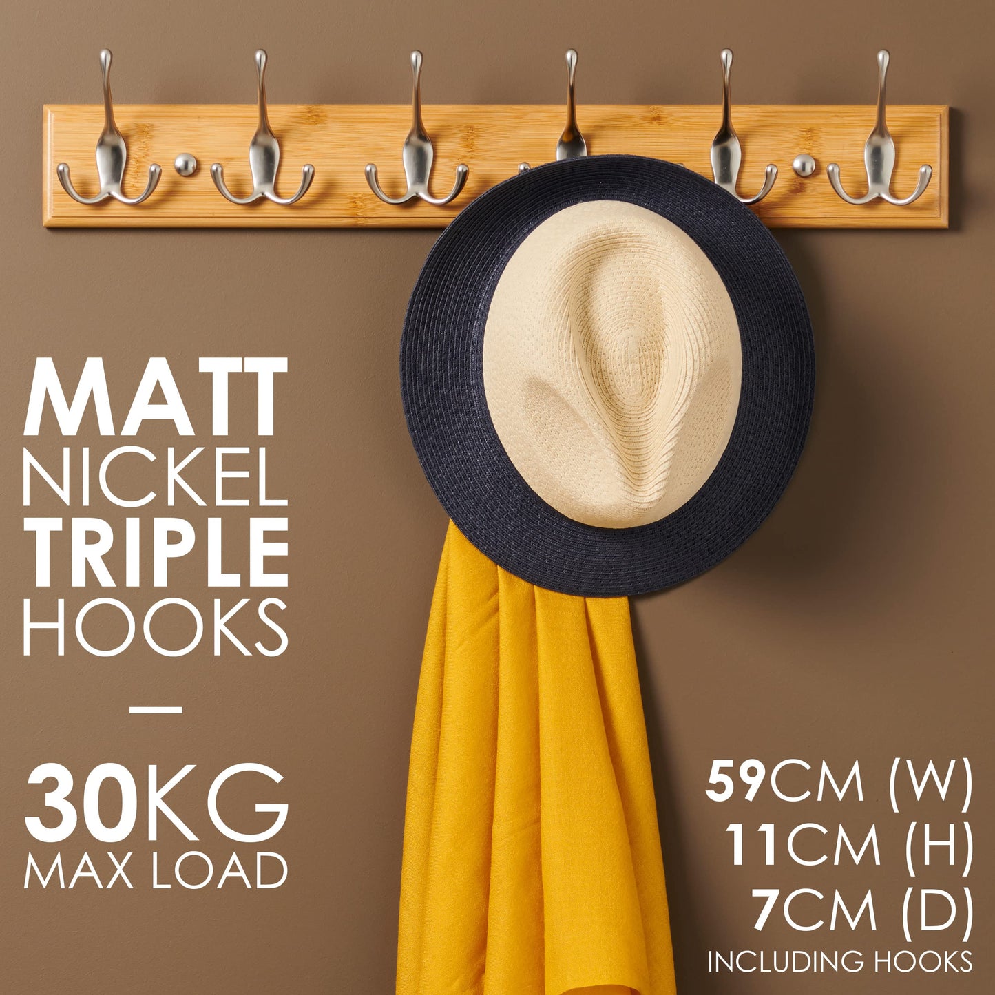 LARHN Wooden Wall-Mounted Coat Rack - 6 Matt-Nickel Coat Hooks, 59cm