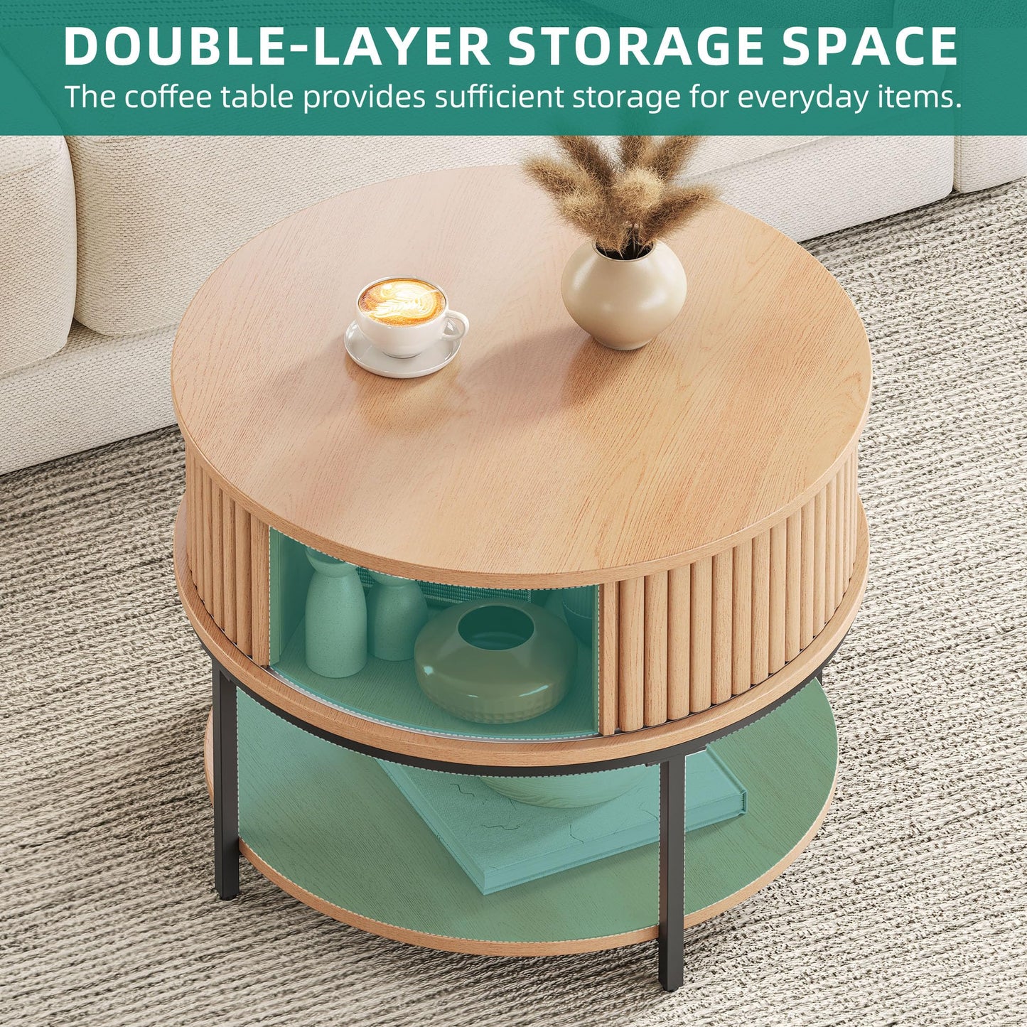 YITAHOME Round Coffee Table, Coffee Table with 2-Tier Storage Space, Fluted Coffee Tables with Tambour-Design Sliding Doors for Living Room