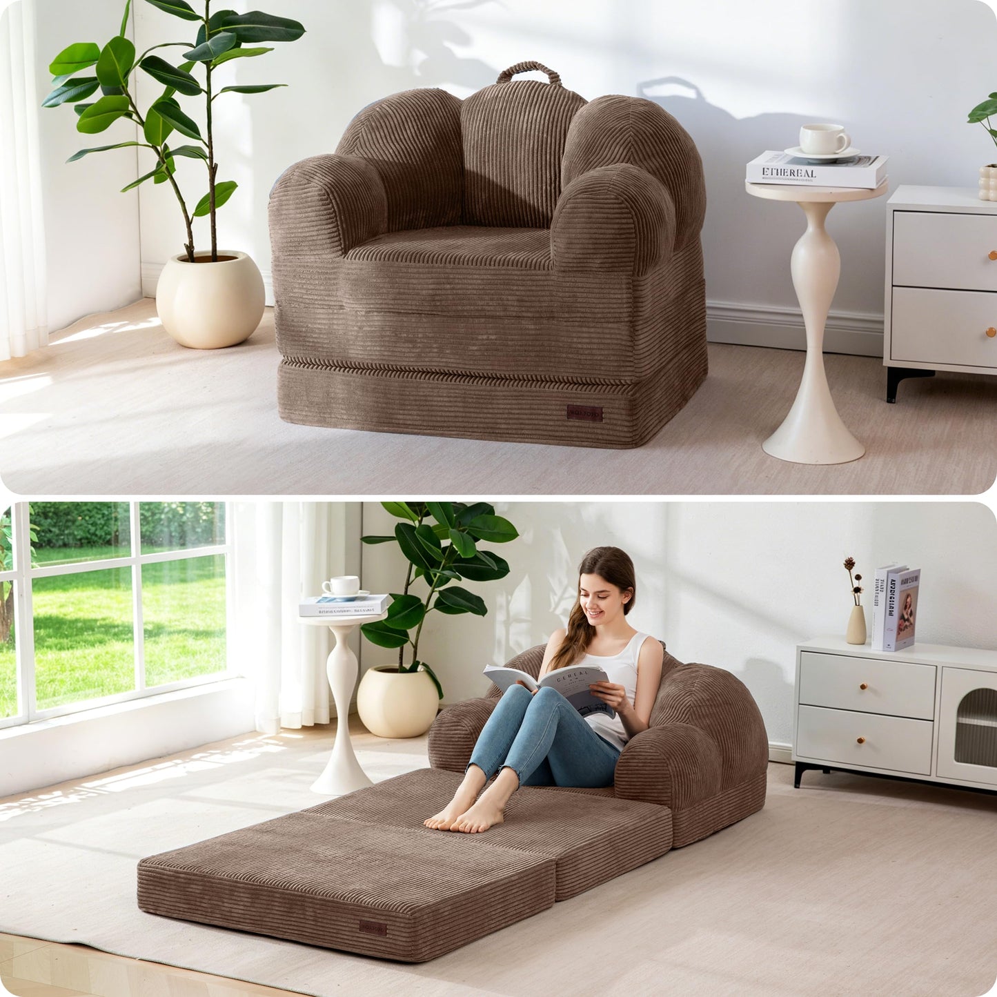 MAXYOYO Folding Sofa Bed with Backrest, Floral Shaped 2 in 1 Convertible Sofa to Comfy Faux Fur Bean Bag Chair for Adults