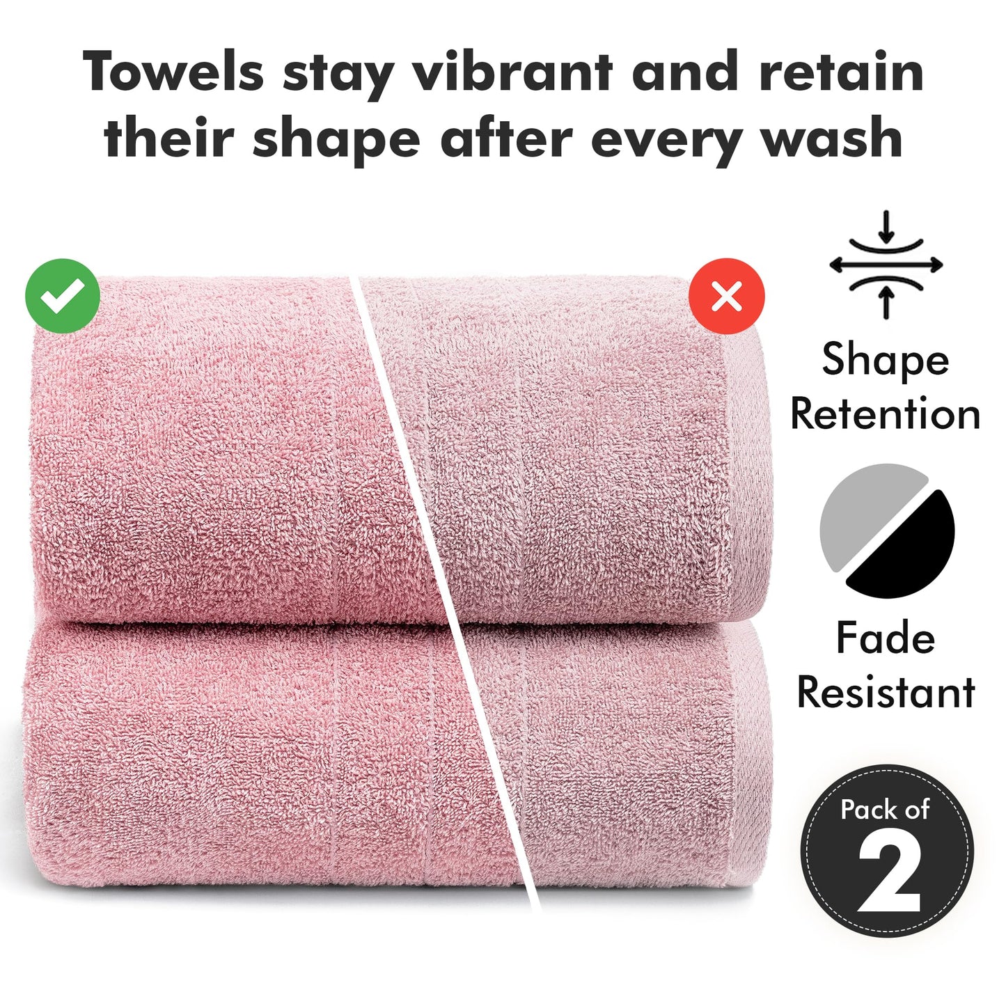 Novo Home Bath Sheets - Extra Large Bathroom Sheet Set – 550 GSM Pack of 2 Jumbo Towels Baby Pink (90x180cm)