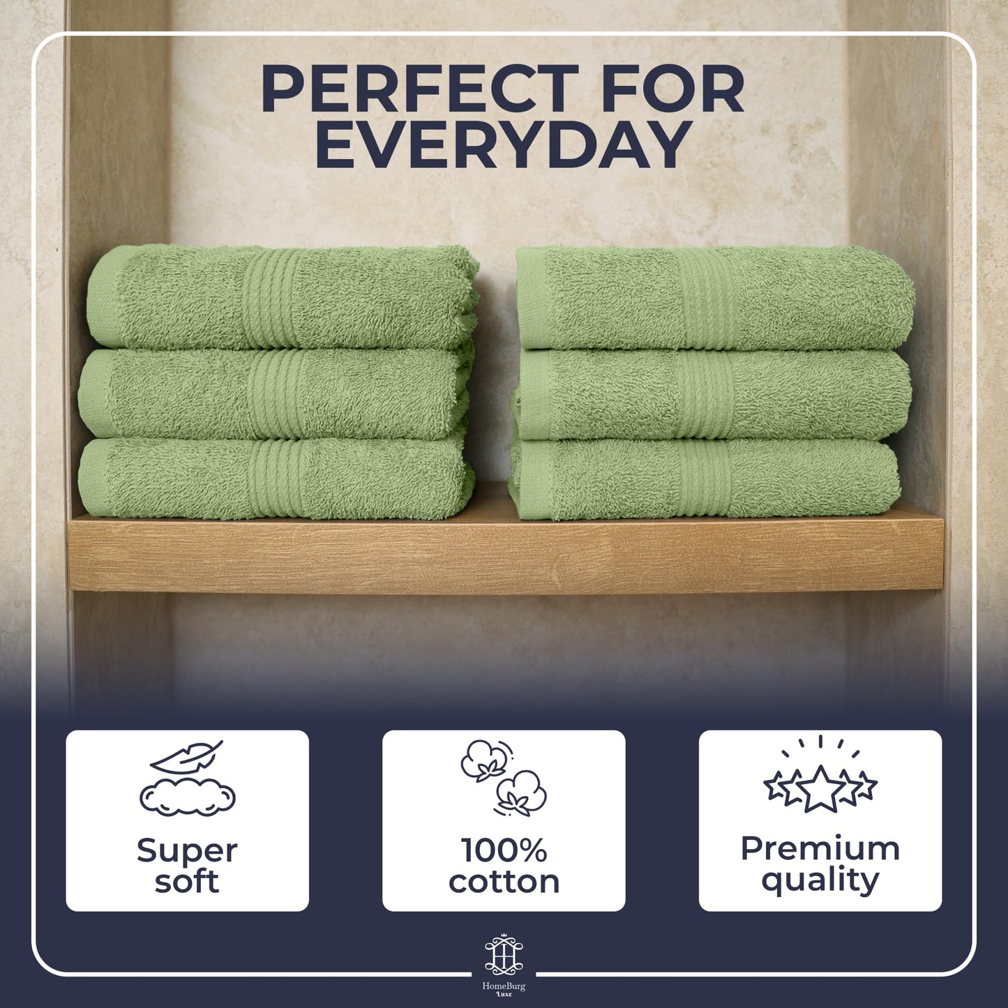 HomeBurg Luxe 6-Piece Towel Set – Soft & Absorbent Cotton, Quick-Drying, Easy Care, 40 x 70 cm, Sage Green
