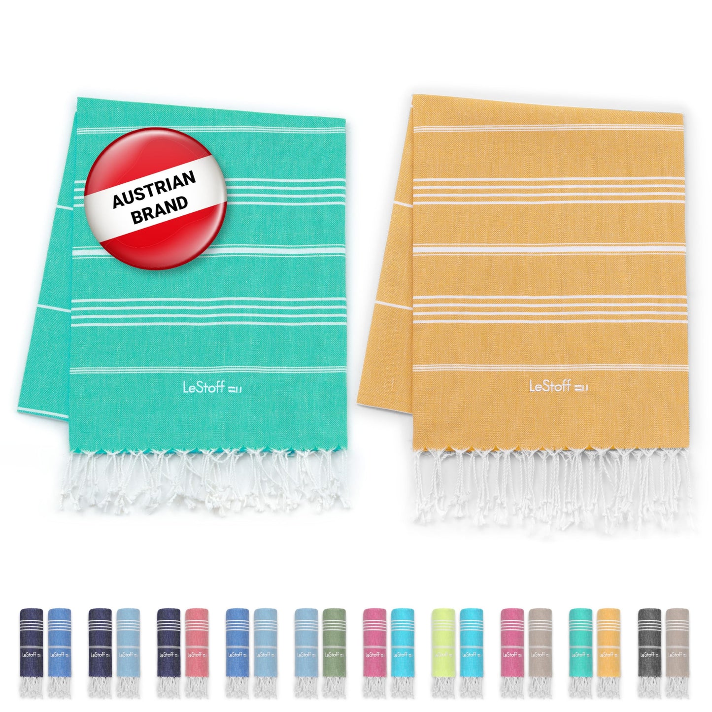 LeStoff 2 Hammam Towels/Beach Towels, 100% Organic Cotton, Turquoise/Yellow