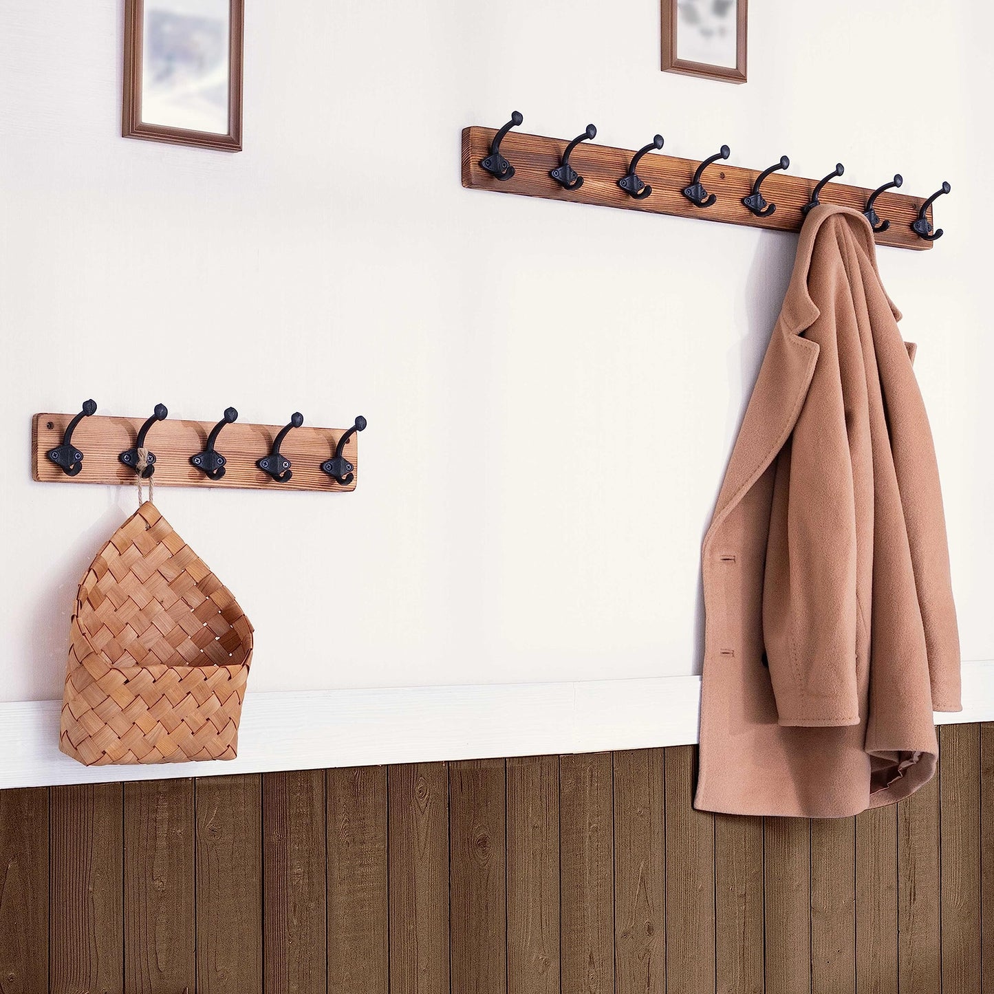 WEBI Rustic Coat Hooks Wall Mounted,5 Cast Iron Hooks,Coat Rack Wall Mounted,Vintage Hooks for Hanging Coats,Jacket,Clothes,Brown,2 Packs