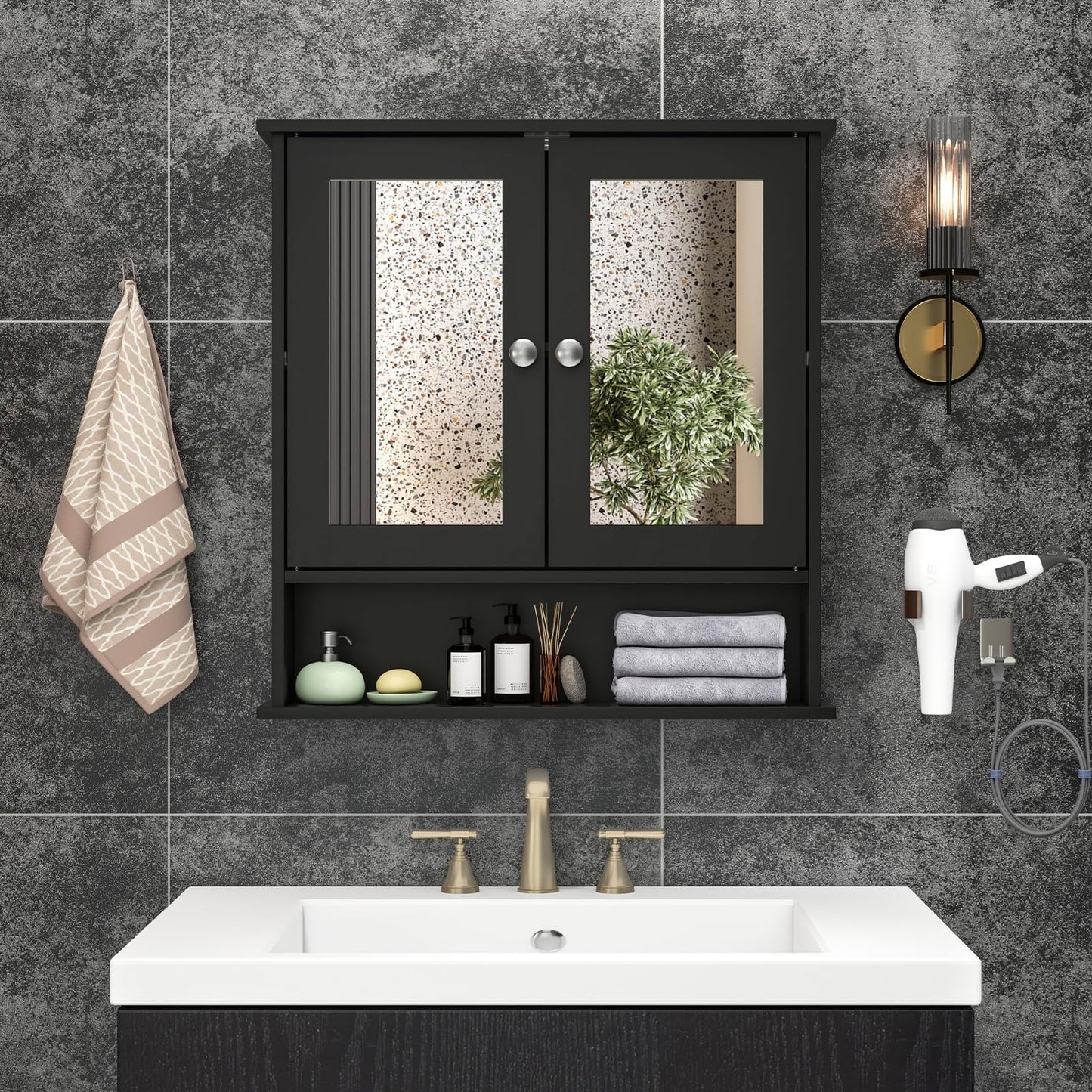 RELAX4LIFE Bathroom Mirror Cabinet, Wall Mounted Display Organizer Unit with Mirror, Double Door & Adjustable Shelf