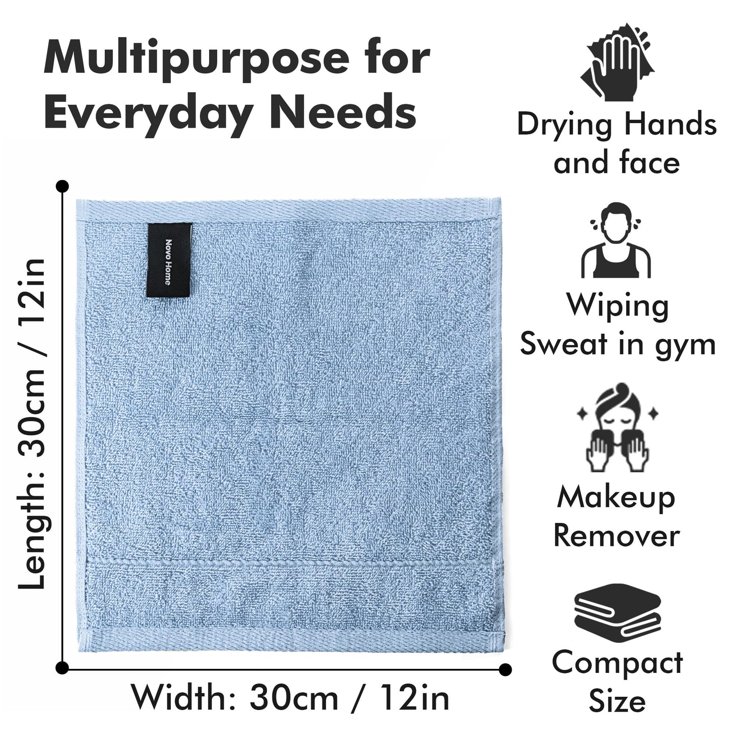 Novo Home Face Towels Pack of 12 – 550 GSM 100% Cotton Washcloths (30x30cm) – Soft, Quick Dry, Highly Absorbent Flannels for Bathroom, Spa, Gym