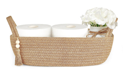 Mkono 1 Piece 13 x 6 Inch Small Toilet Tank Storage Basket Bathroom Decor Woven Rope Toilet Paper Tray for Shelf Bedroom Living Room Jute