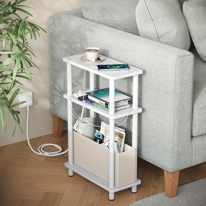 APICIZON Narrow Side Table, 3 Tier Bed Side Table, Slim End Table with Charging Station, for Living Room, Bedroom
