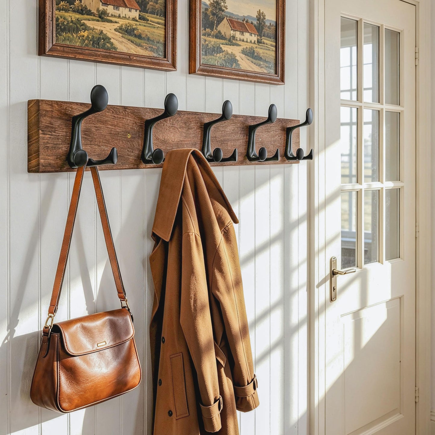 HONSKY Wall Mounted Coat Rack, 76cm Solid Paulownia Wood Base,5 Black Sturdy Aluminium Alloy Triple Hooks(15 Hanging Points)