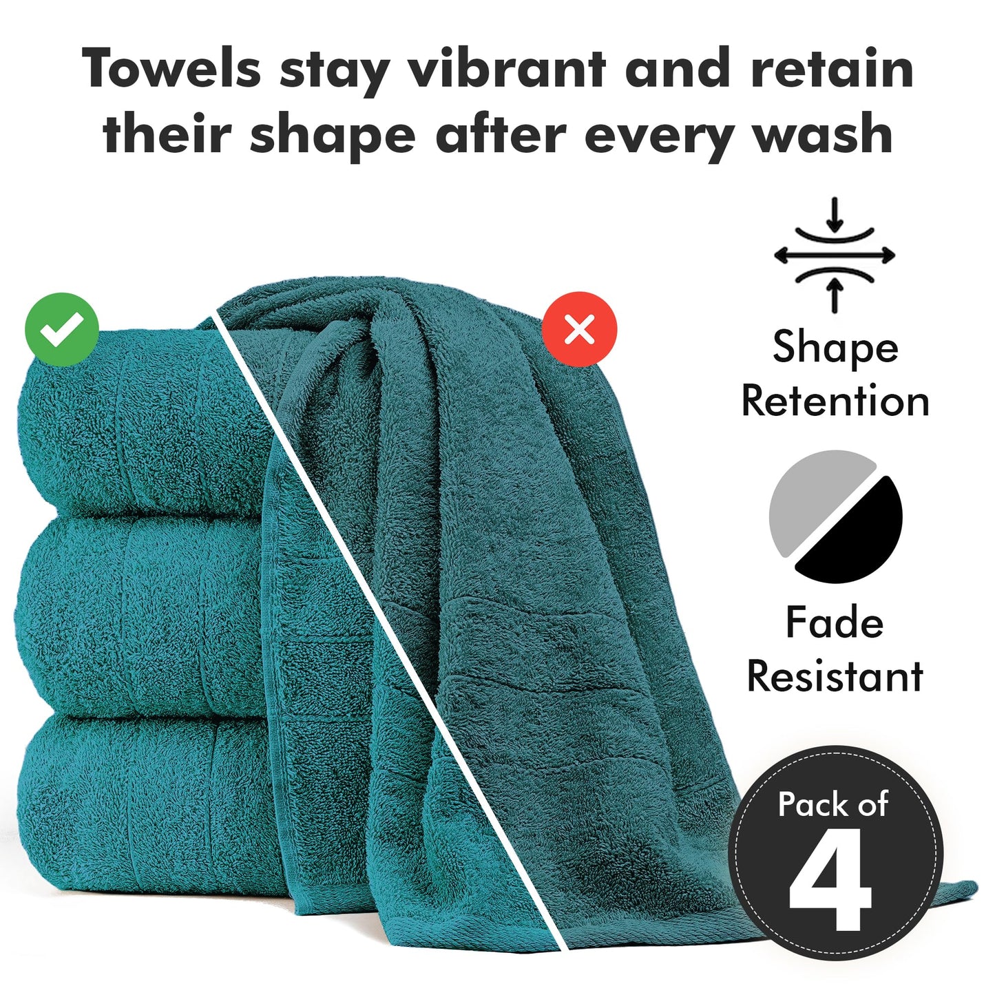 Novo Home Bath Towels Set of 4 – 550 GSM 100% Cotton Teal Extra Large Towels for Bathroom, Spa Use (70x140 cm)