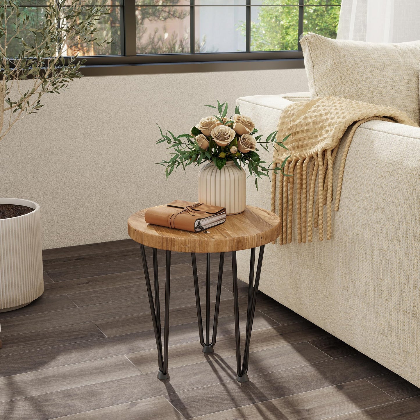 Fun Memories Round Coffee Table - Elm Wood Nesting Table with Metal Legs & Non Slip Feet Base - Rustic Nesting End Tables for Living Room Bedroom